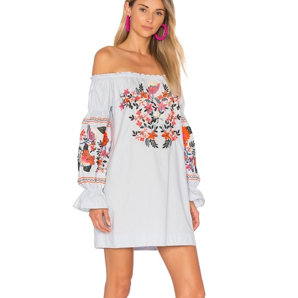 Free People Dresses & Skirts - Free People Fleur du Jour Light Blue Embroidered Dress Off the Shoulder SZ S